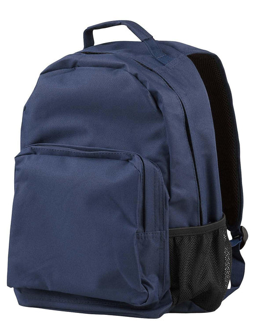 Navy blue custom backpack with front pocket and side mesh water bottle holder