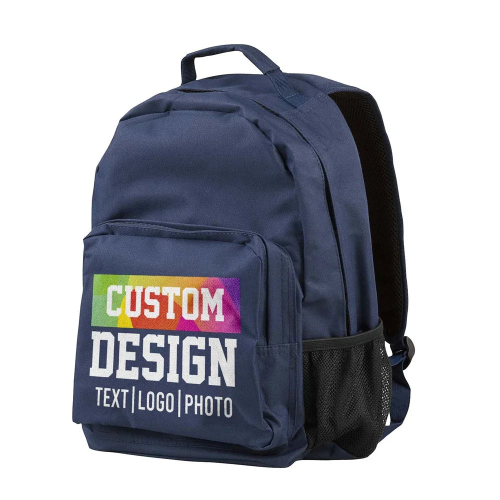 Navy blue custom design backpack with a colorful graphic on the front pocket.