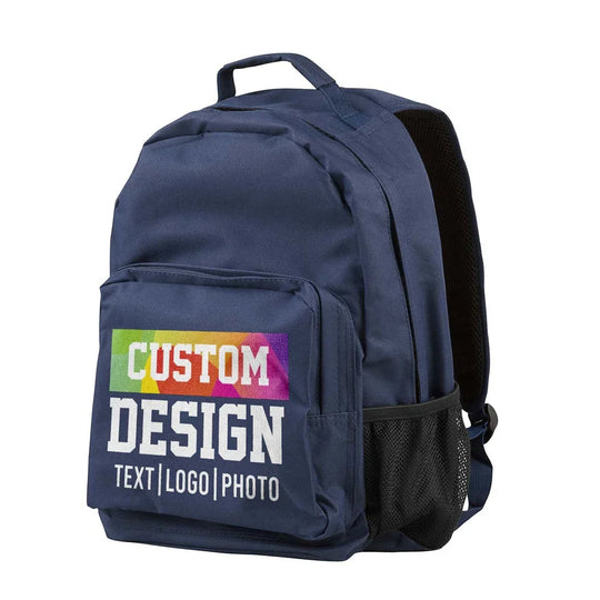 Navy blue custom design backpack with a colorful graphic on the front pocket.