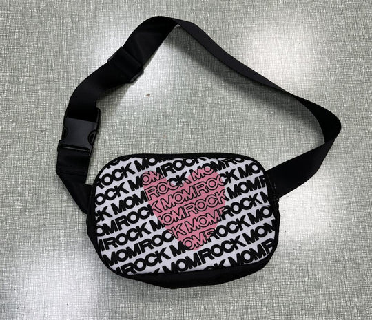 Black fanny pack with white 'ROCK MOM' repeating text pattern and a pink heart