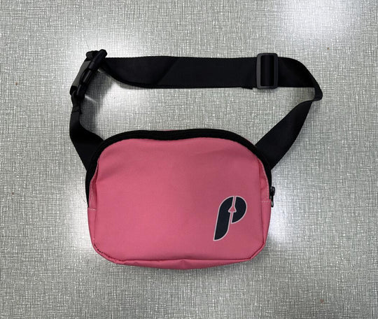 Pink custom waist bag with black strap and black logo