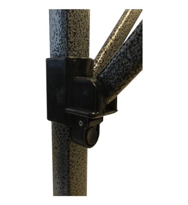 Close-up of a black heavy-duty connector joint for custom tent framing