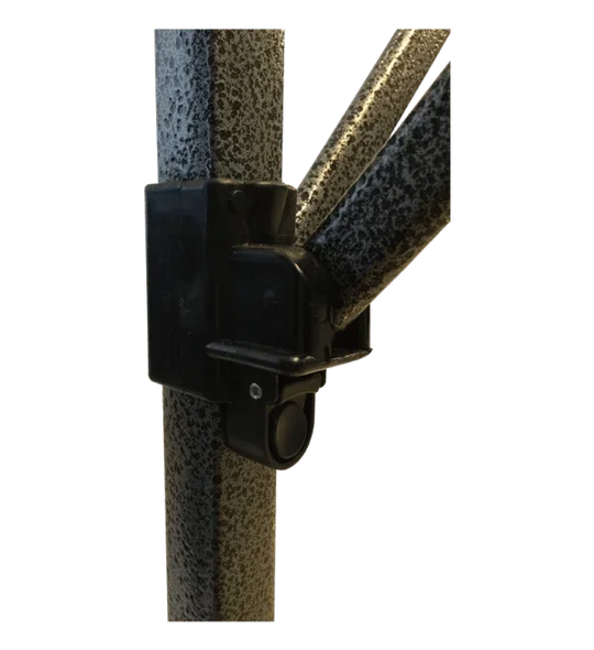 Close-up of a black heavy-duty connector joint for custom tent framing