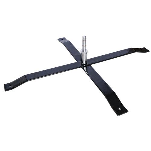 Black metal four-legged cross base for a flag or banner stand