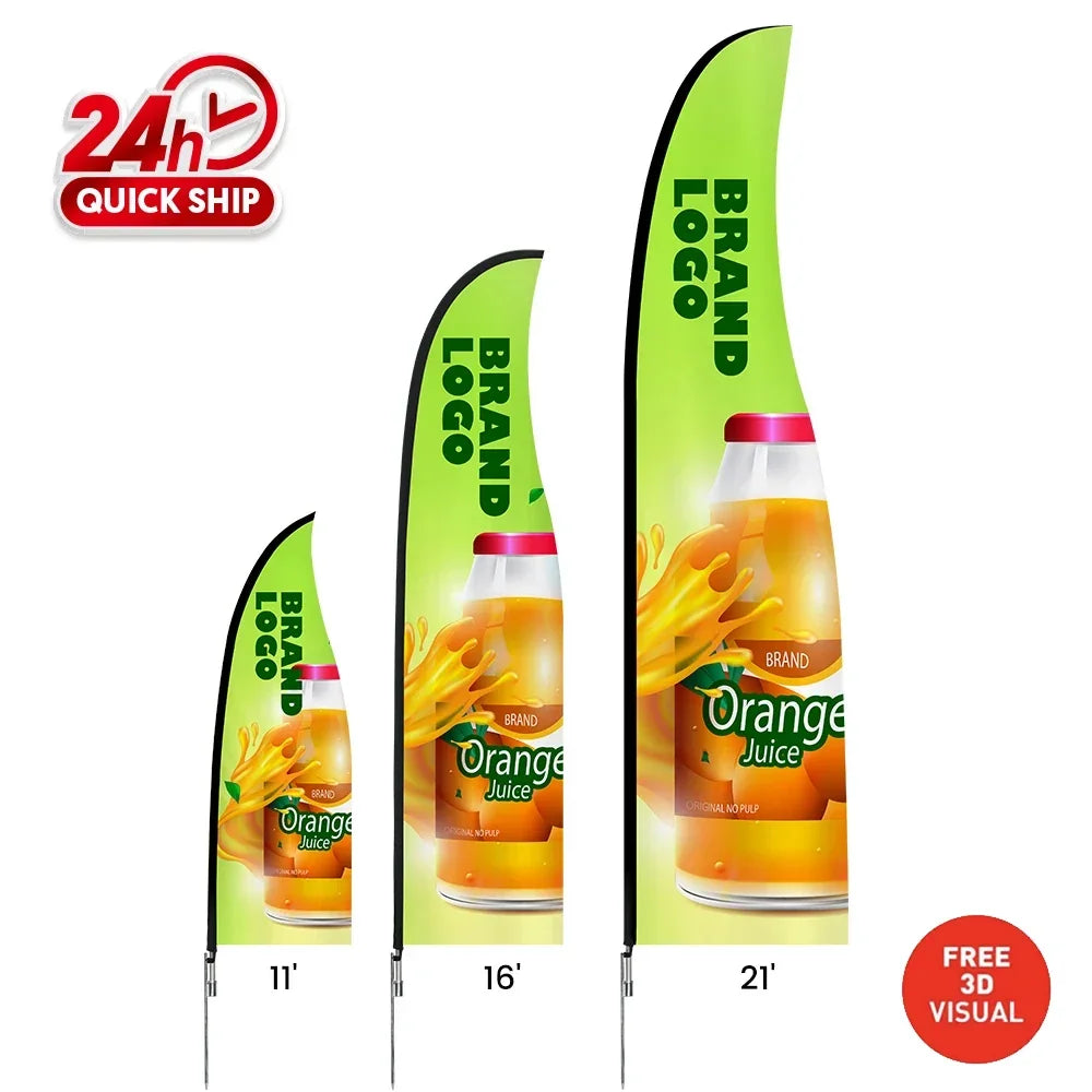 Three sizes of custom teardrop flags featuring orange juice branding in 11, 16, and 21 feet.