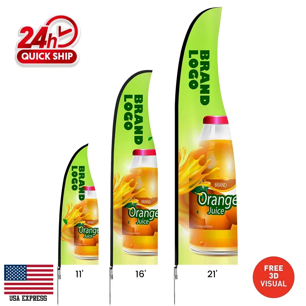 Three custom teardrop flags in 11, 16, and 21 foot heights featuring orange juice branding.