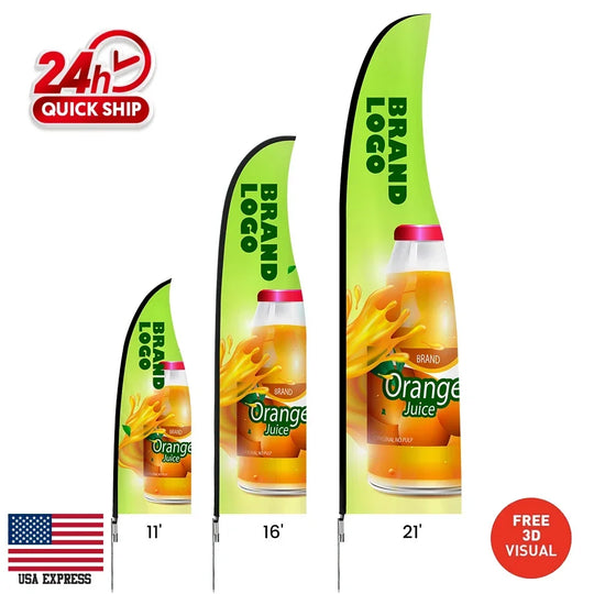 Three custom teardrop flags in 11, 16, and 21 foot heights featuring orange juice branding.