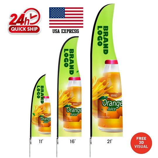 Three custom teardrop flags in 11ft, 16ft, and 21ft sizes featuring orange juice branding.