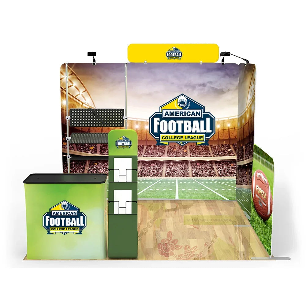 Custom branded American Football College League trade show booth with backdrop and counter