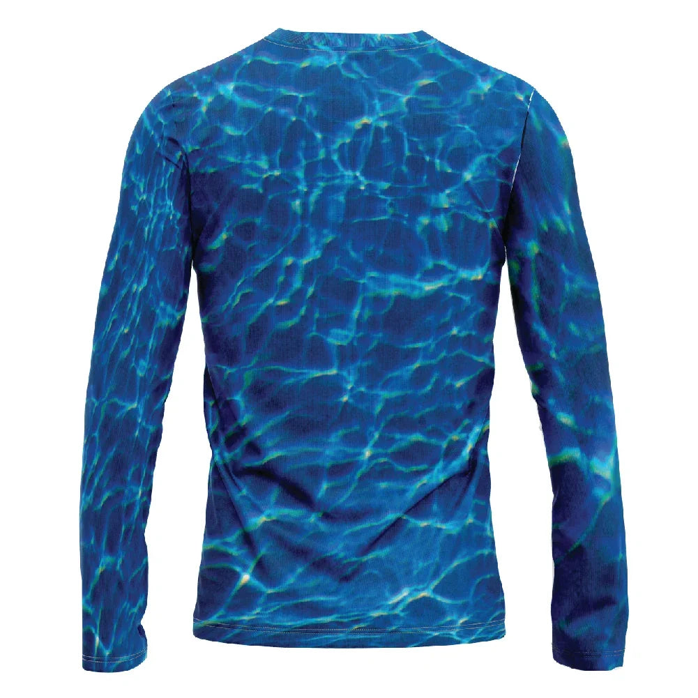 Back view of a long-sleeve shirt with a blue water ripple print
