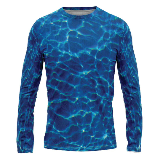 Long-sleeve apparel with a blue water ripple print.