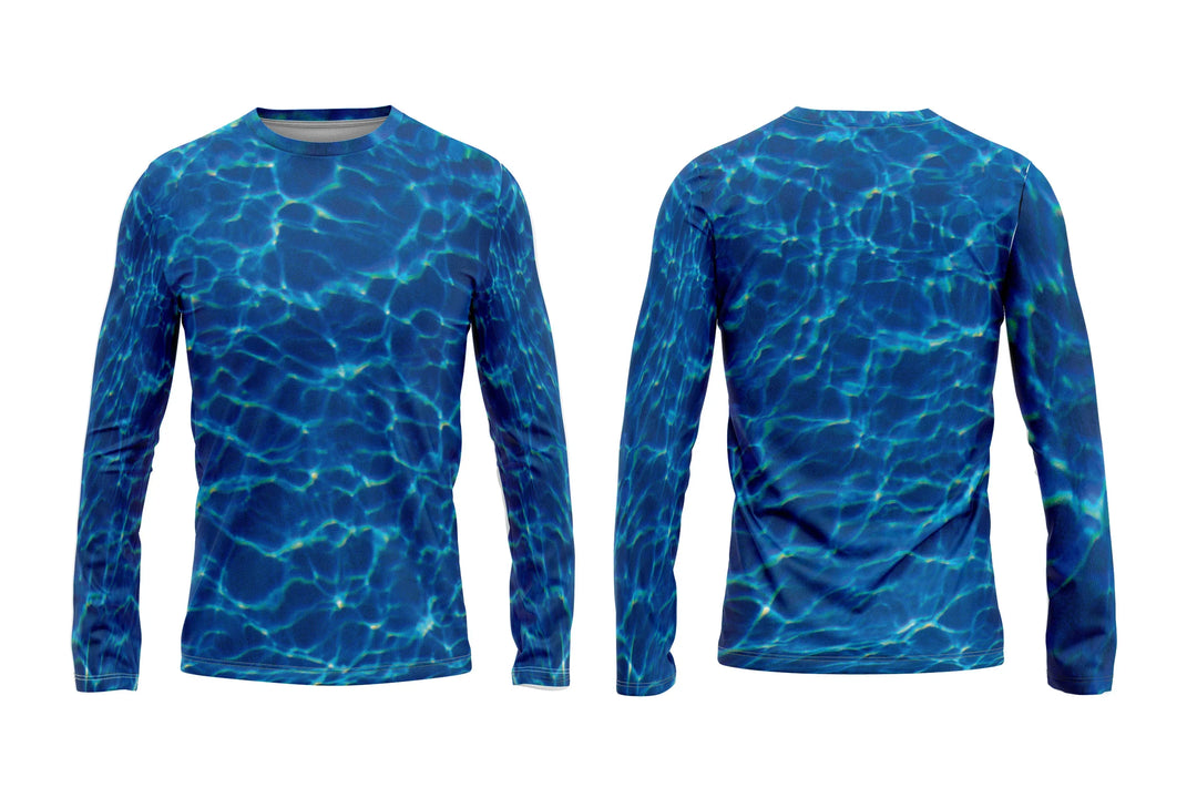 Front and back view of a long-sleeve shirt with a blue swimming pool water ripple pattern.
