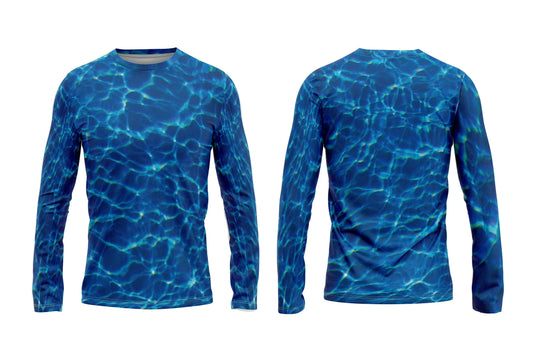 Front and back view of a long-sleeve shirt with a blue swimming pool water ripple pattern.