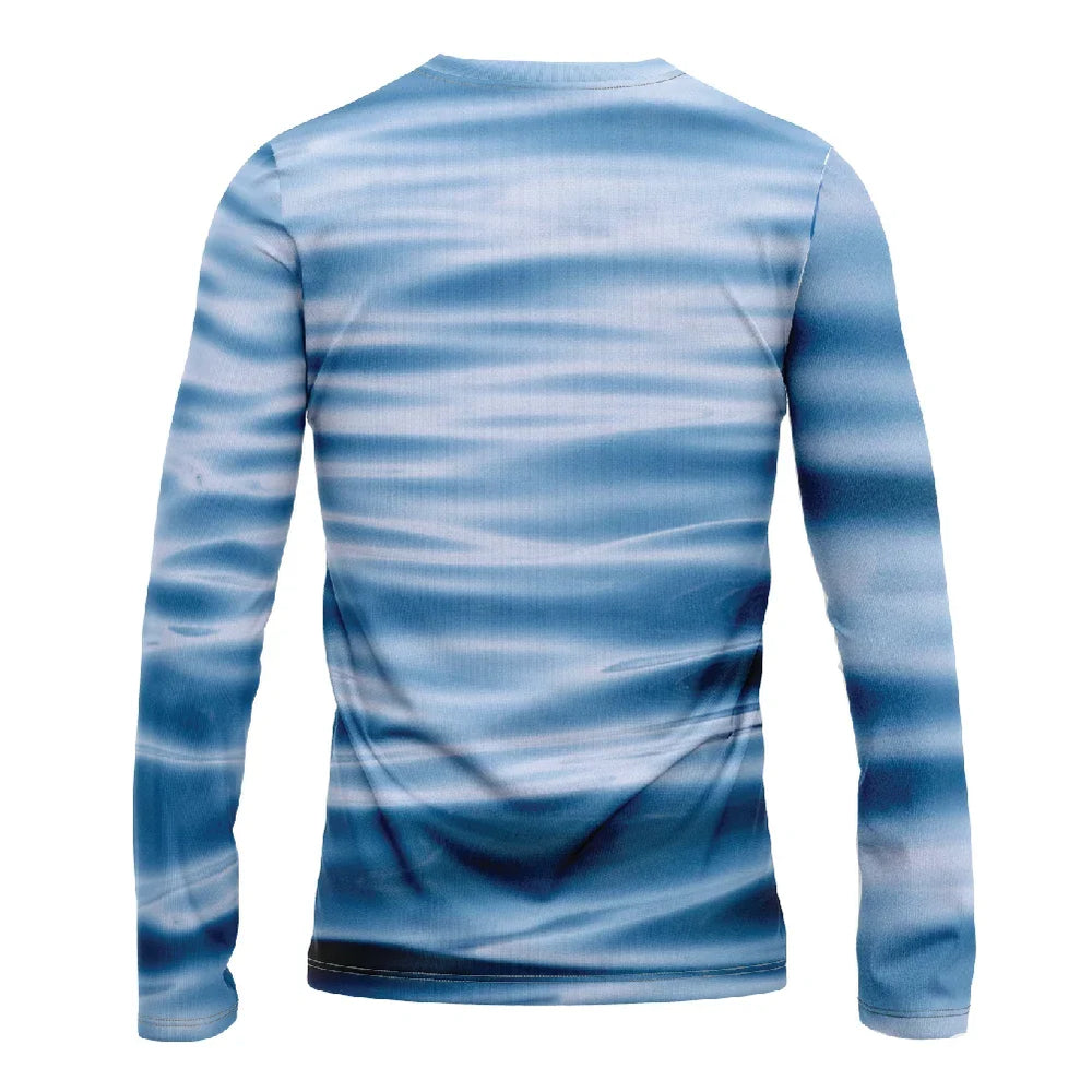 Back view of a long sleeve shirt with a blue and white water wave pattern print