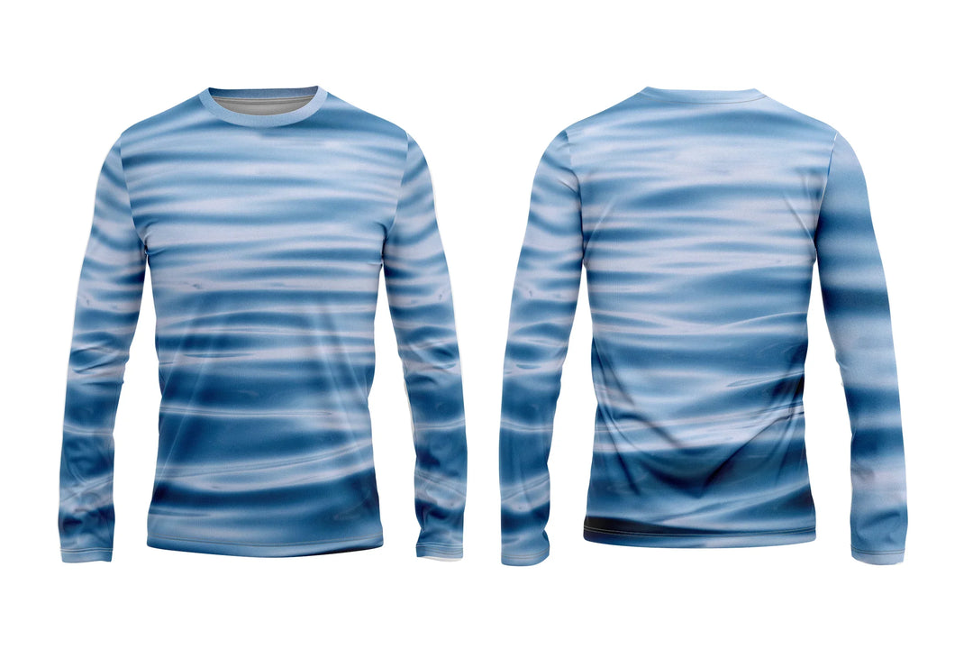 Front and back view of a long-sleeve custom apparel shirt with a blue water ripple pattern.