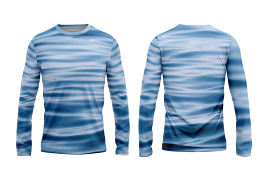Front and back view of a long-sleeve custom apparel shirt with a blue water ripple pattern.