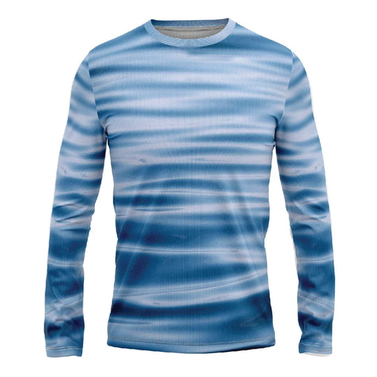 Long-sleeve athletic shirt with a blue and white abstract wave pattern.