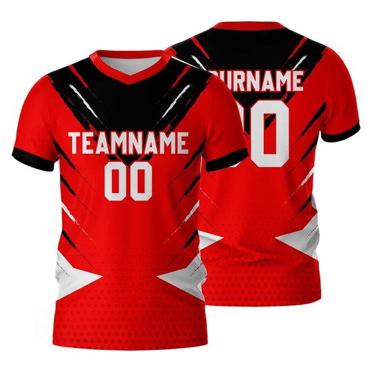 Custom red and black athletic jerseys with team name and number placeholders.