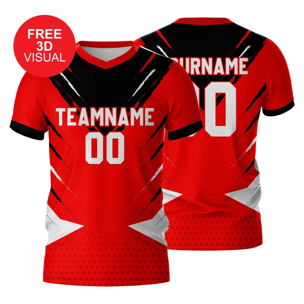 Custom red and black athletic jersey with team name and number placeholders.