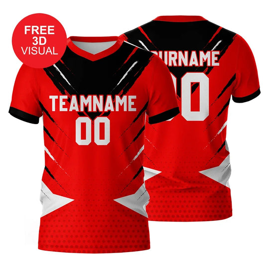 Custom red and black athletic jersey with team name and number placeholders.