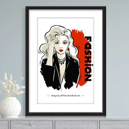 Framed fashion illustration of a woman with blonde hair and red lips against a red backdrop.