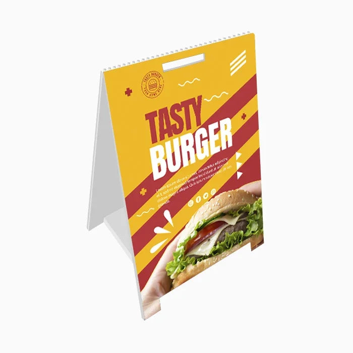 Custom tabletop A-frame sign featuring a Tasty Burger advertisement