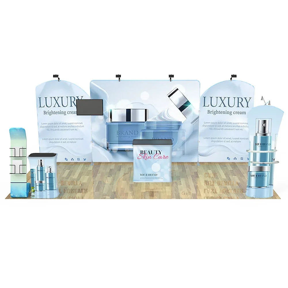 Custom branded skin care beauty trade show display with banners and product showcases.