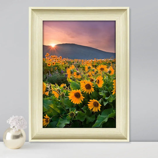 Framed wall art depicting a sunflower field at sunset with mountains in the background