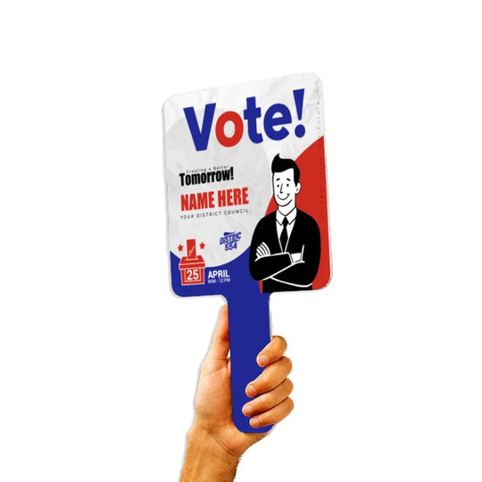 Hand holding a custom handheld election campaign sign with Vote! text and a male illustration.