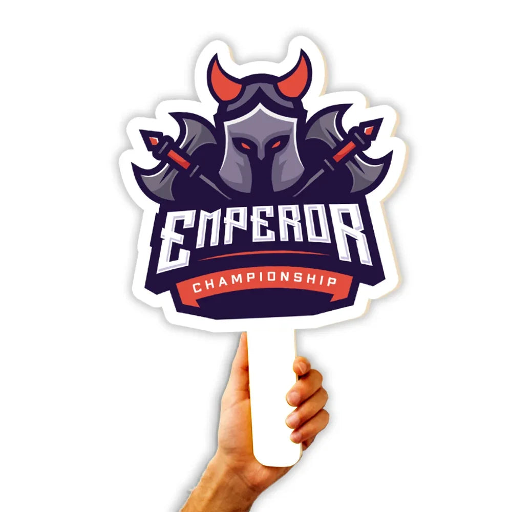 Hand holding a custom Emperor Championship foam finger sign with a knight mascot logo