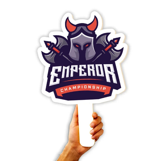 Hand holding a custom Emperor Championship foam finger sign with a knight mascot logo
