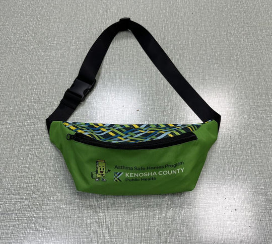 Green custom waist bag with Kenosha County Public Health Asthma Safe Homes Program logo