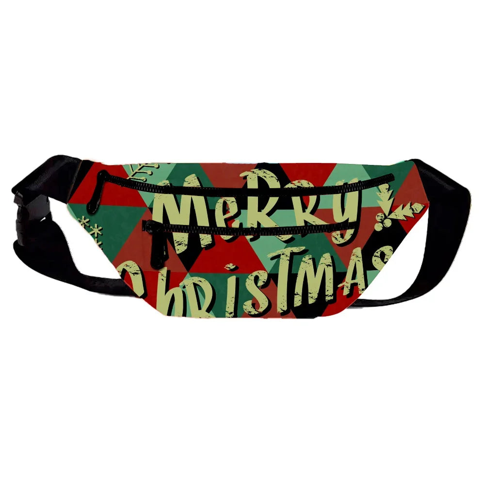 Custom fanny pack with red and green geometric patterns and Merry Christmas text