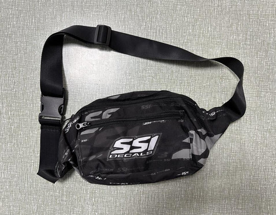 Black and grey camouflage waist bag with SSI Decals logo and adjustable shoulder strap