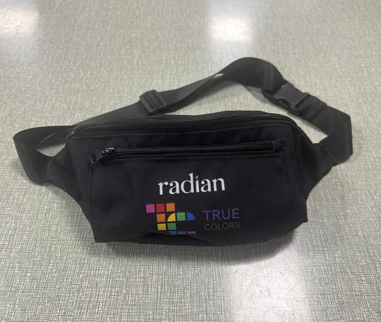 Black custom waist bag featuring Radian True Colors logo