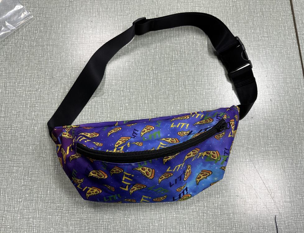 Purple fanny pack with a pizza slice pattern and black adjustable strap