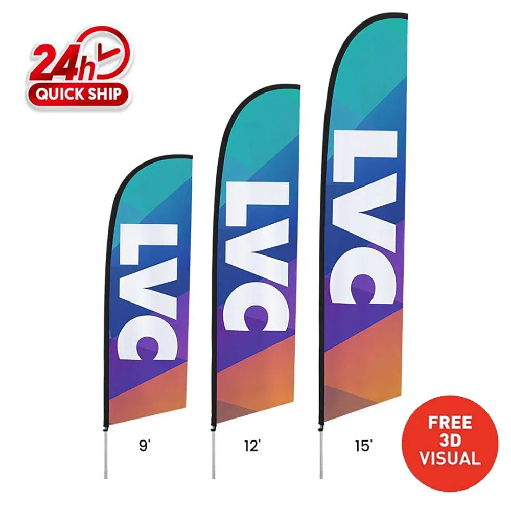 Three custom teardrop feather flags in 9ft, 12ft, and 15ft sizes with LVC branding.