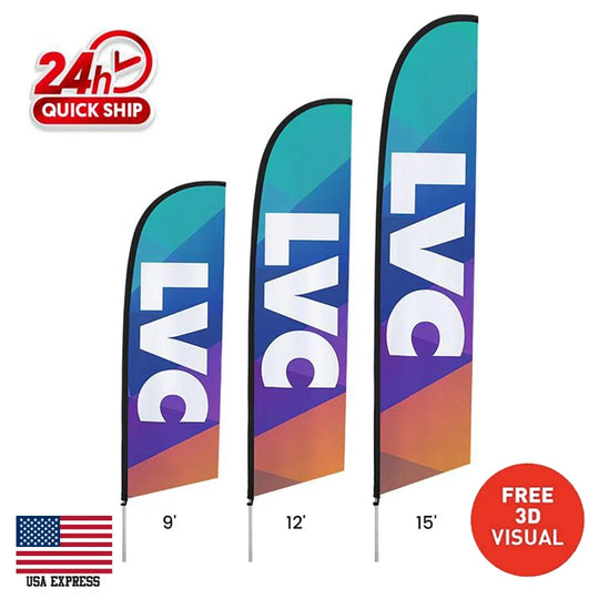 Three sizes of custom feather flags with LVC branding in 9, 12, and 15 foot heights.