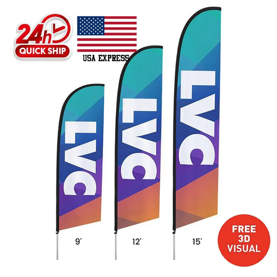 Three custom feather flags in 9ft, 12ft, and 15ft sizes featuring LVC branding.