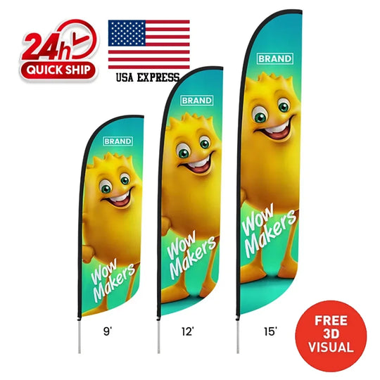 Three custom feather flags in 9ft, 12ft, and 15ft heights featuring a yellow character.