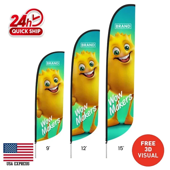 Three different sizes of custom feather flags featuring a yellow cartoon character