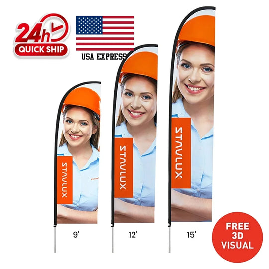 Three sizes of custom feather flags featuring a woman in an orange hard hat and Stavlux logo.