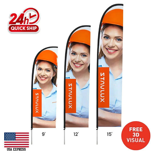 Three custom feather flags in 9ft, 12ft, and 15ft sizes featuring Stavlux branding.