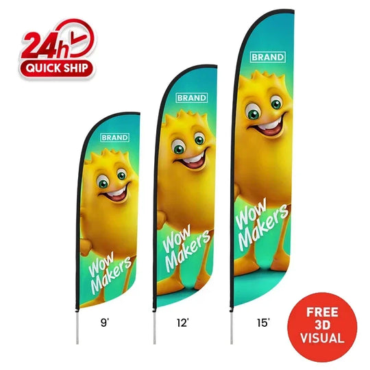 Three custom feather flags in 9ft, 12ft, and 15ft heights featuring a yellow mascot design.