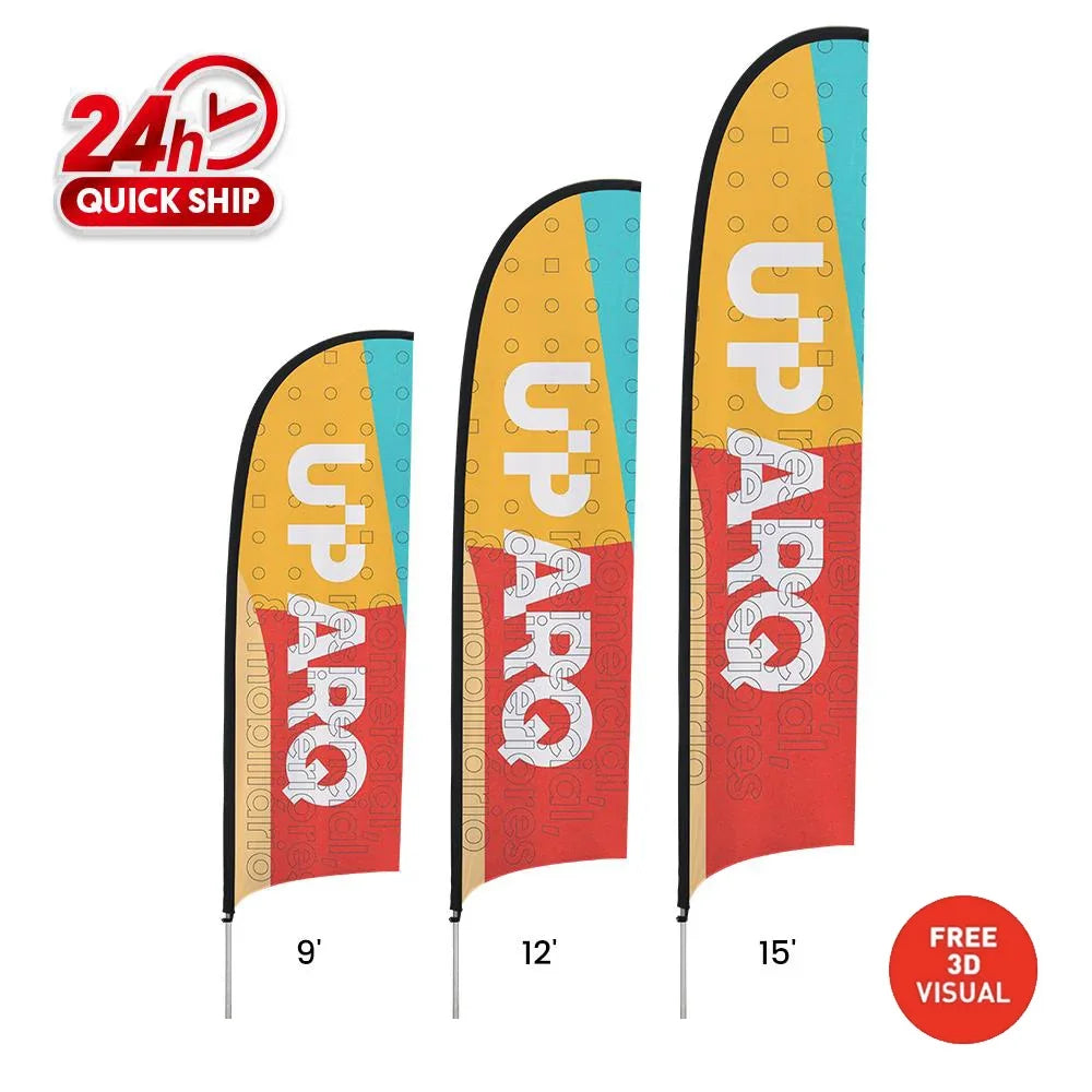 Three different sizes of custom feather flags in yellow and red.