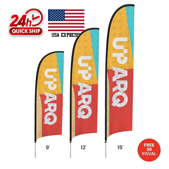 Three sizes of custom feather flags in 9ft, 12ft, and 15ft heights.
