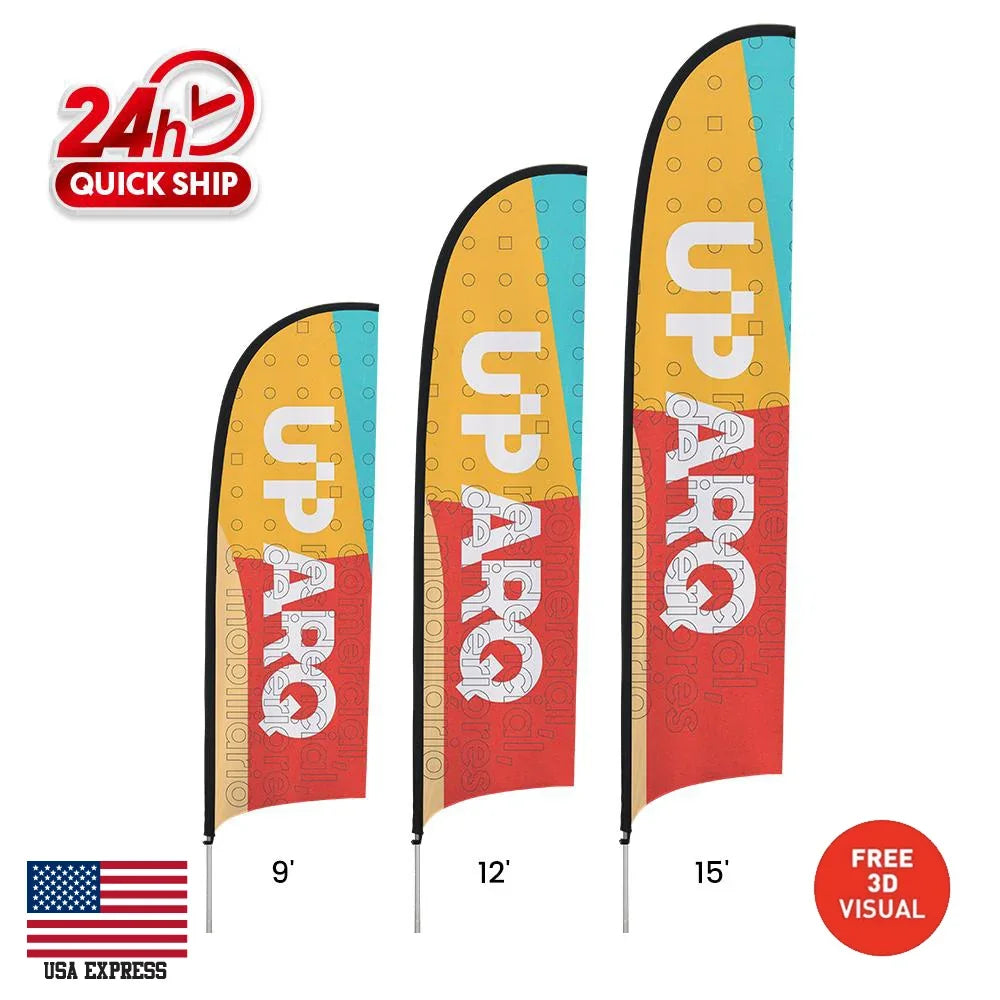 Three custom feather flags in 9ft, 12ft, and 15ft sizes with colorful graphics.