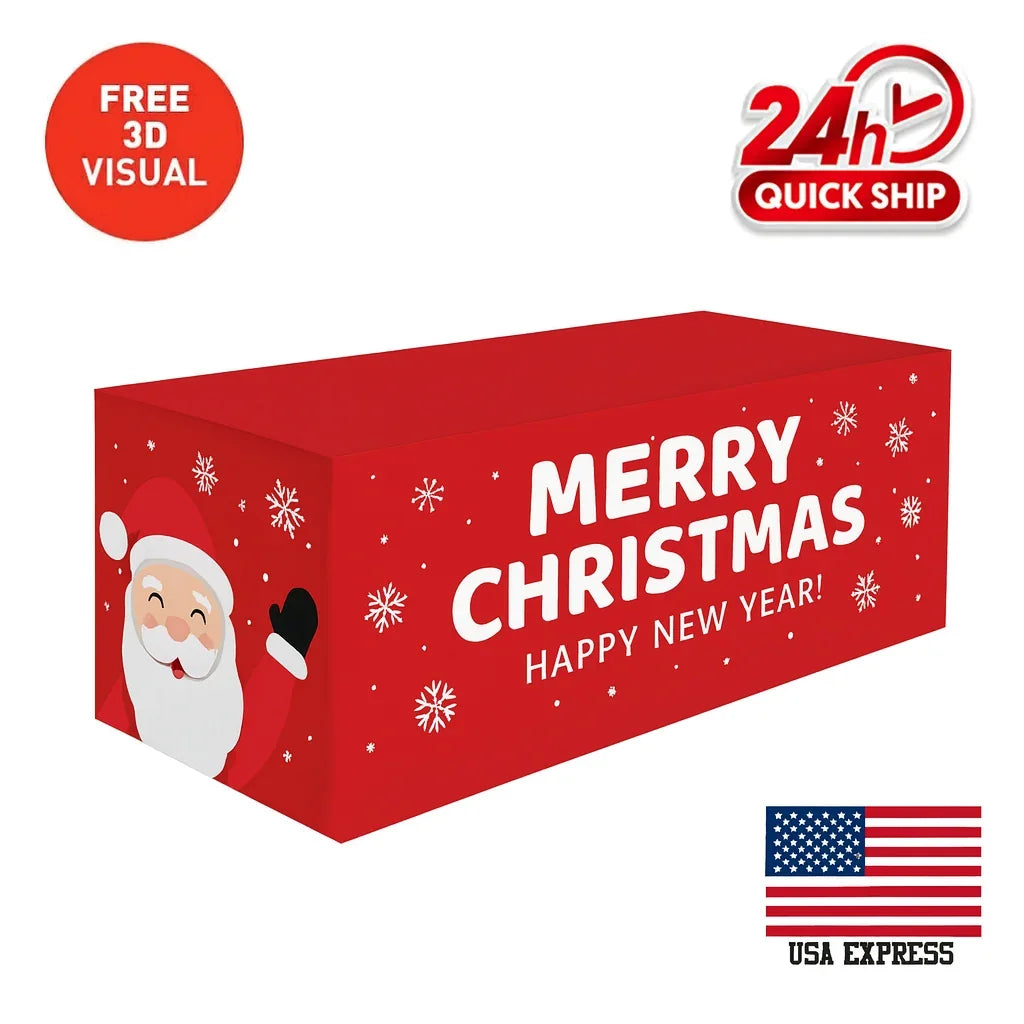 Custom red Christmas themed table cover with Santa Claus and Merry Christmas text