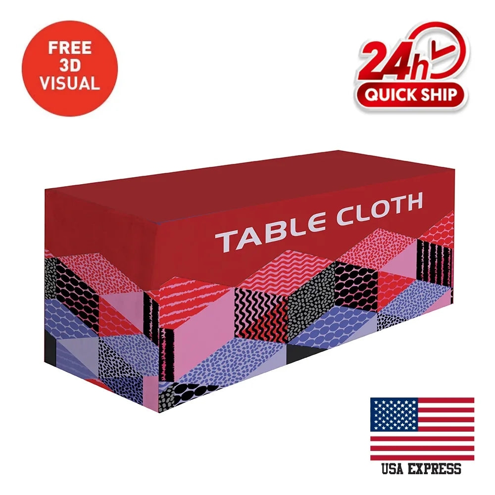 Custom printed table cloth with red top and multi-colored geometric patterned sides.