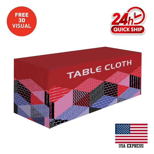 Custom red table cloth with a colorful geometric patterned base.